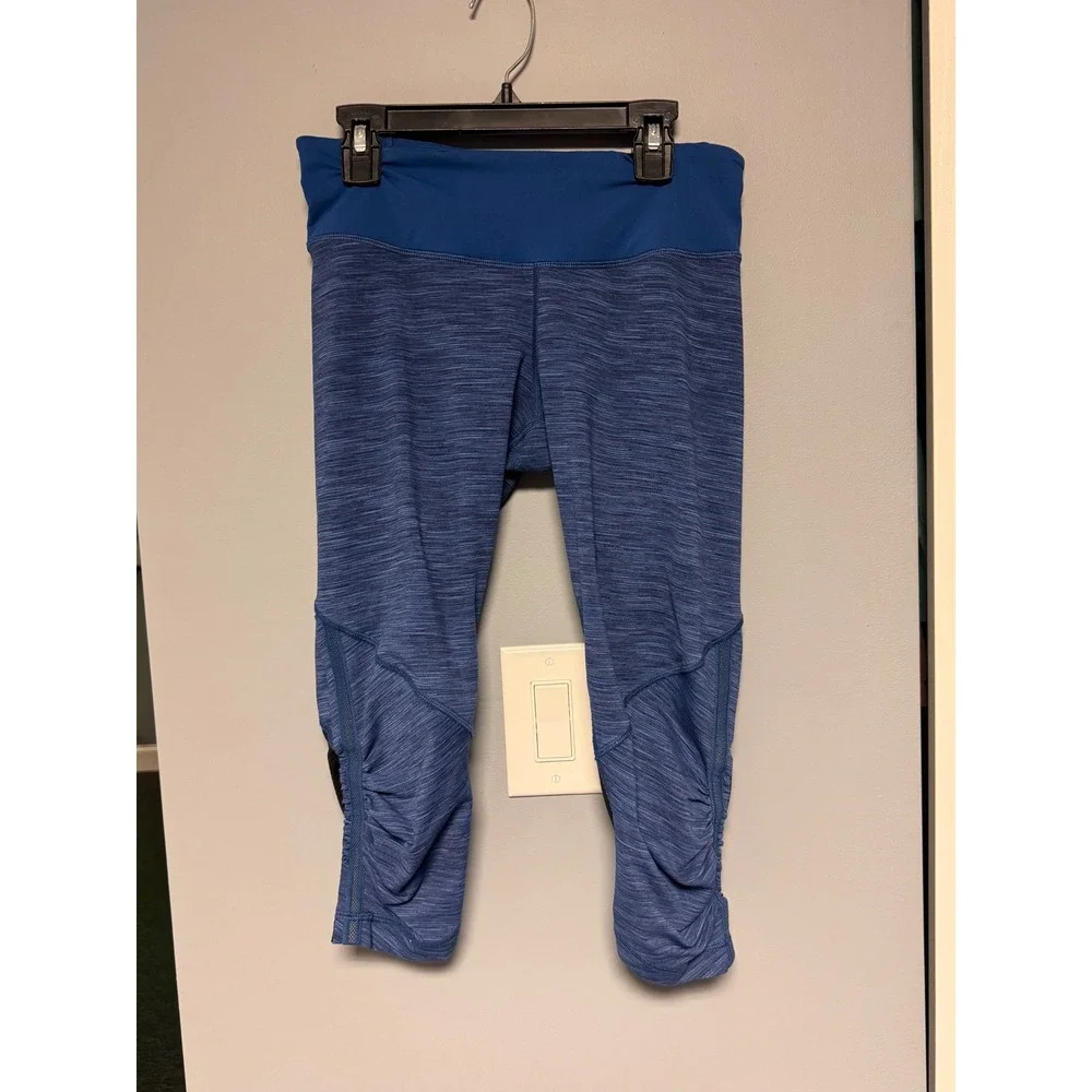 Lululemon Women Run For Your Life Blue Heather Crop Leggings Mesh Panels Size 6